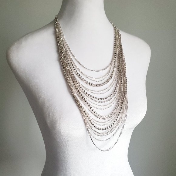 Multi-strand Silver Statement Bib Necklace Layered Chains Strands & Rhinestones - Picture 2 of 5